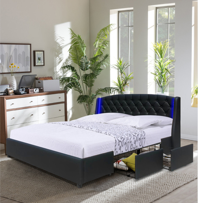 Задний король Размер Ящик Хранение Кровать кожи Faux Tufted кнопки с 2 ушами СИД